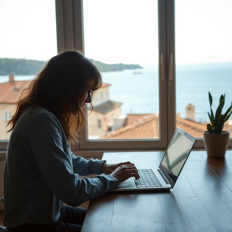 Osoba radi na laptopu u hrvatskom coworking prostoru s pogledom na Jadran